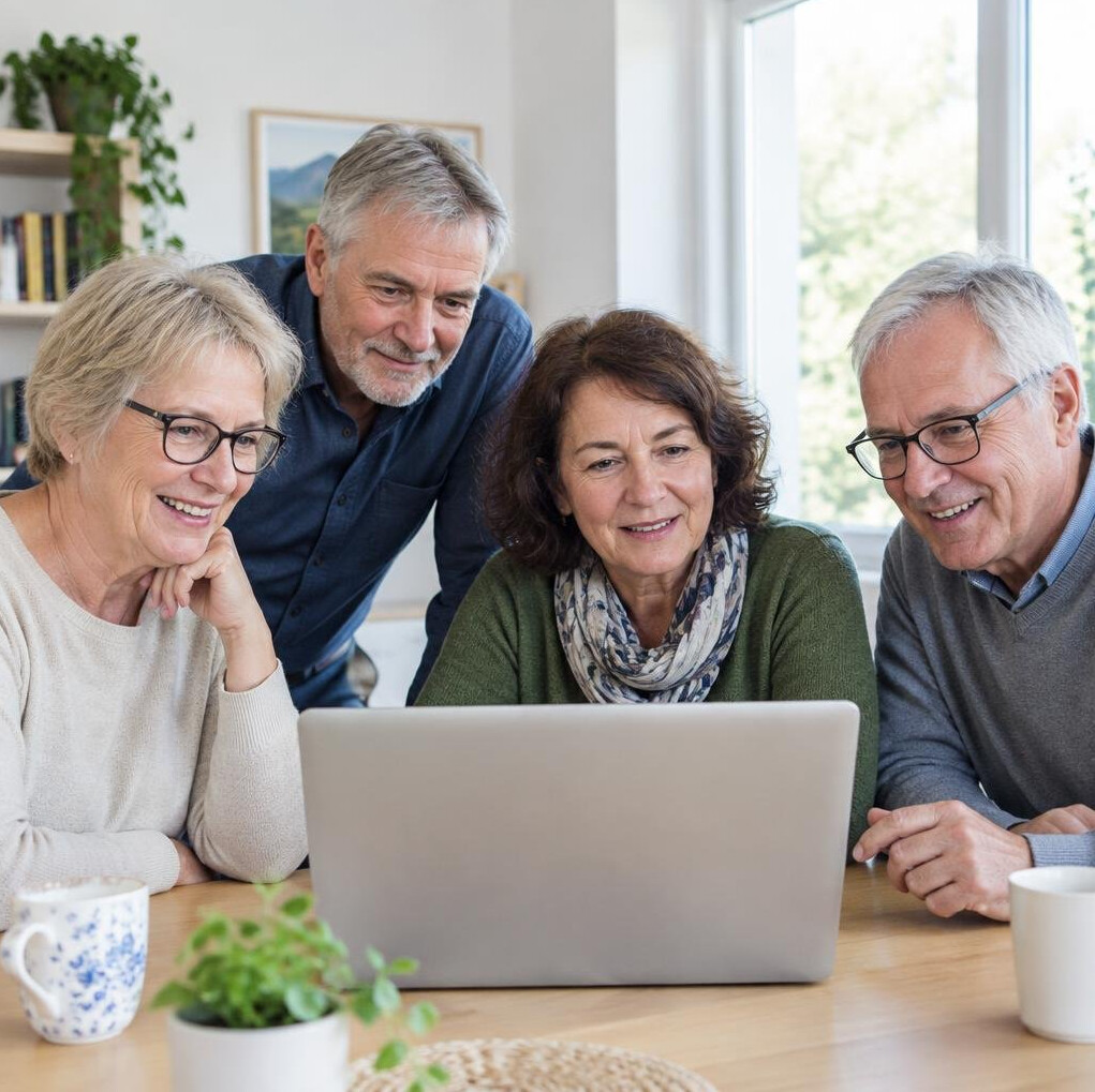 Group of older adults looking together at a laptop around a table