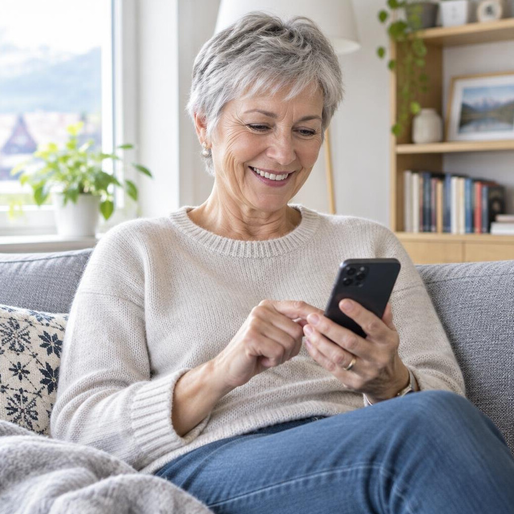 Smiling senior woman typing a message on a smartphone
