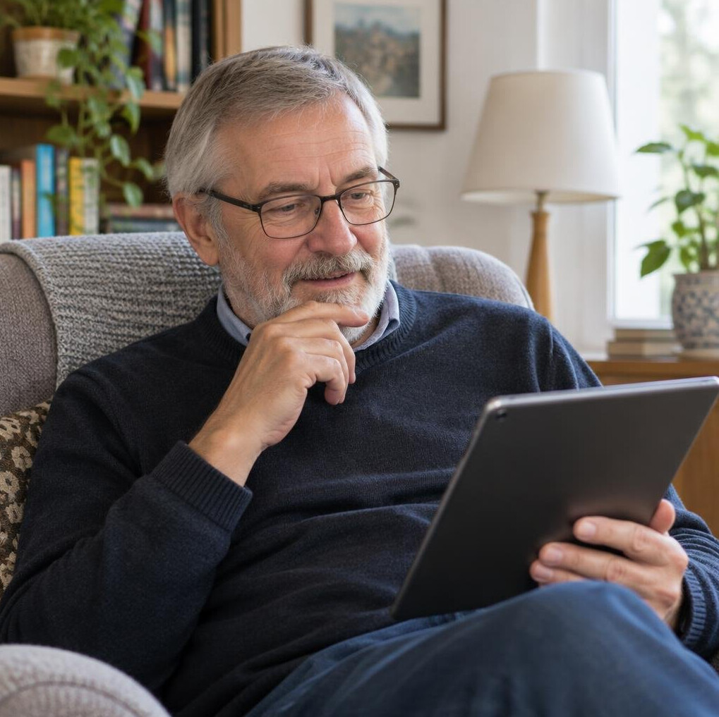 Senior man reading on a tablet in an armchair