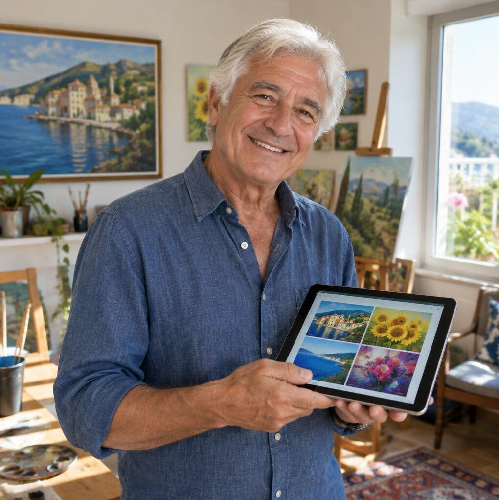 Senior man looking at photos on a tablet with a creative smile