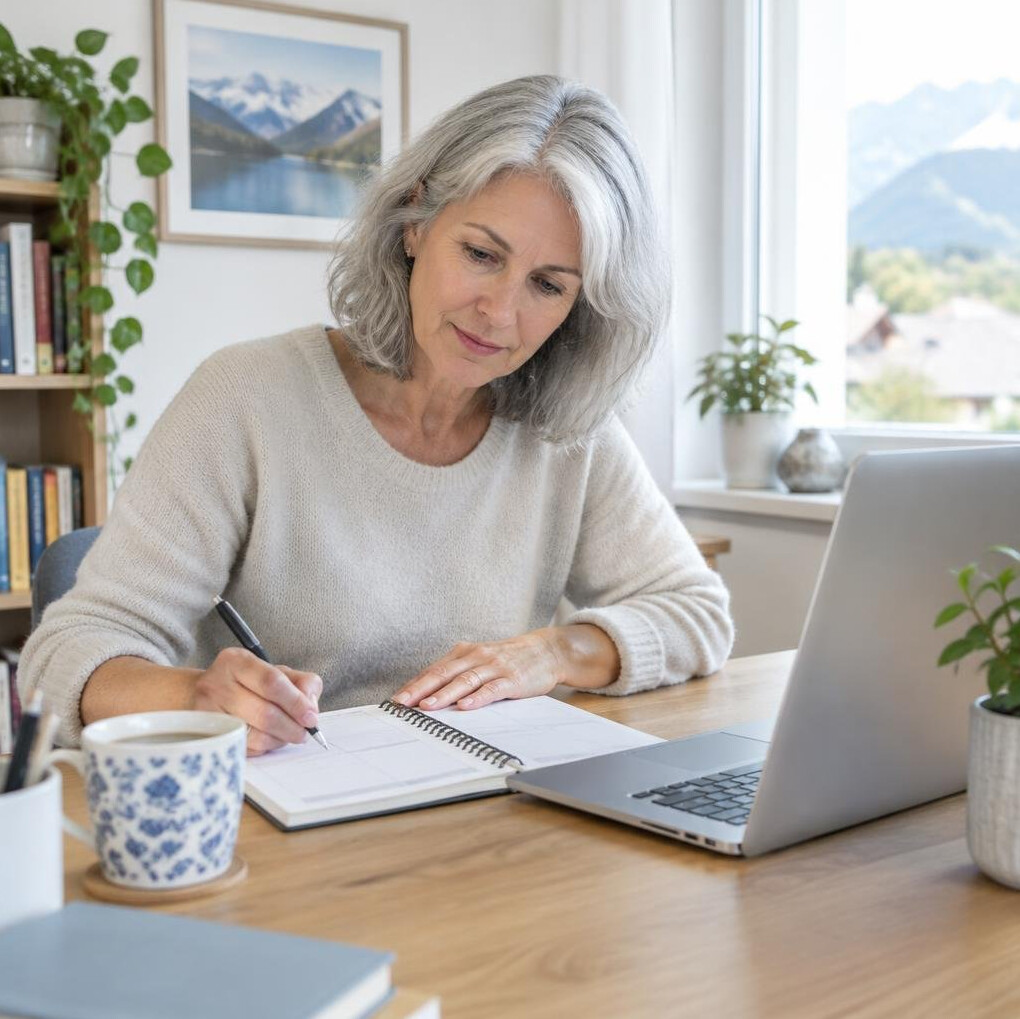 Senior woman planning with a notebook and laptop at a desk