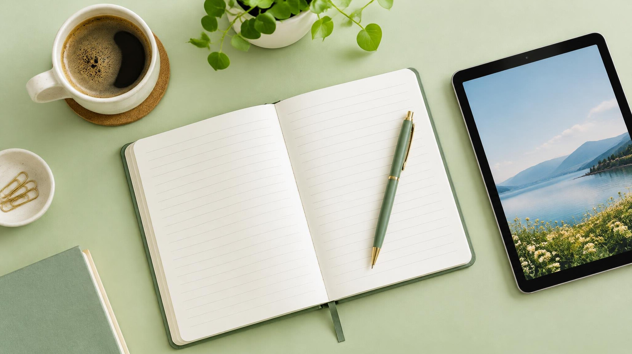 Open notebook with pen and tablet on a light table