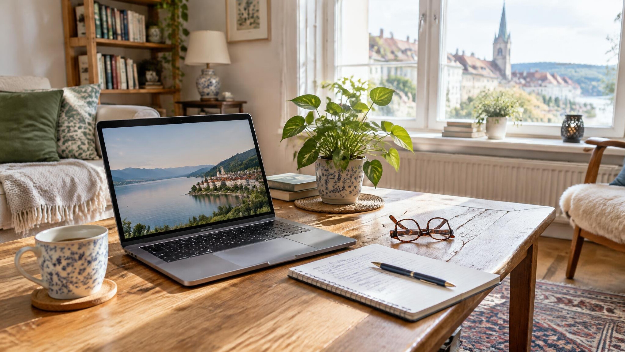 Bright living room table with laptop, glasses and notes