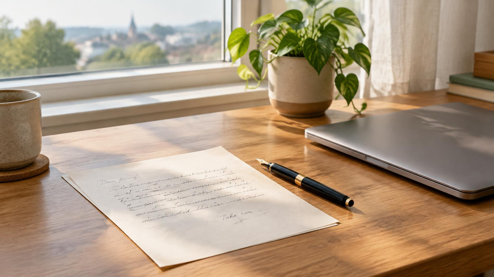 Desk with letter, pen and laptop by a window